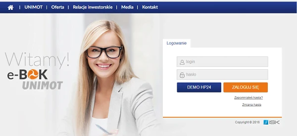 Strona główna witryny UNIMOT zawierająca sekcje: Oferta, Relacje inwestorskie, Media oraz Kontakt. Pola do logowania i hasła z opcją demonstracyjną oraz resetowania hasła. Informacje kontaktowe i notatka o prawach autorskich na dole strony.