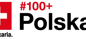 Projekt graficzny z wyróżniającą się czcionką w kolorze czarno-białym z Polską i Szwajcarią podkreślonymi. #100+ Język polski. Logo Norweskiego Czerwonego Krzyża obecne.