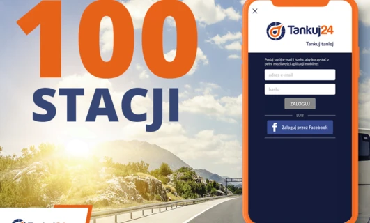 Pomarańczowa grafika prezentuje aplikację stacji paliw z możliwością tankowania w 100 stacjach. Wprowadź swój adres e-mail i hasło, aby uzyskać pełny dostęp do aplikacji mobilnej.